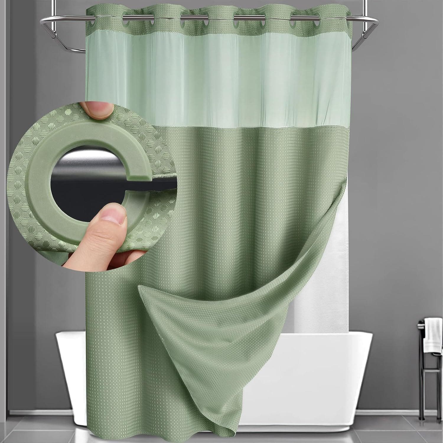 Hookless Shower Curtain Set Double (with Liner) Removable White Shower Curtain 183*190cm green