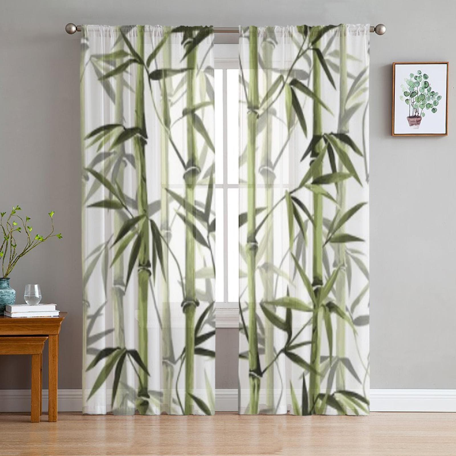 Bamboo Green White Chinese Style Plant Tulle Sheer Curtains for Living Room Bedroom Kitchen Decoration Voile Organza Curtains 135W x 213H(cm) x2