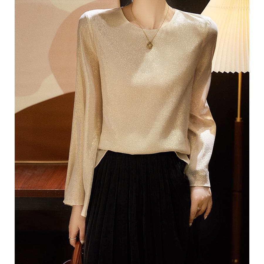 Micro-flare Sleeve Heavyweight Women's Top Women's Temperament Round Neck Gold Silk Shirt Loose Shirt 2XL
