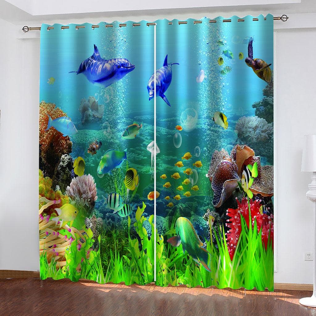 Curtains For Large Windows Of Living Room 3D Underwater Sea Animals 2 Pc High Blackout Perforated Curtains For House Rooms W70xH240cmx2&hook