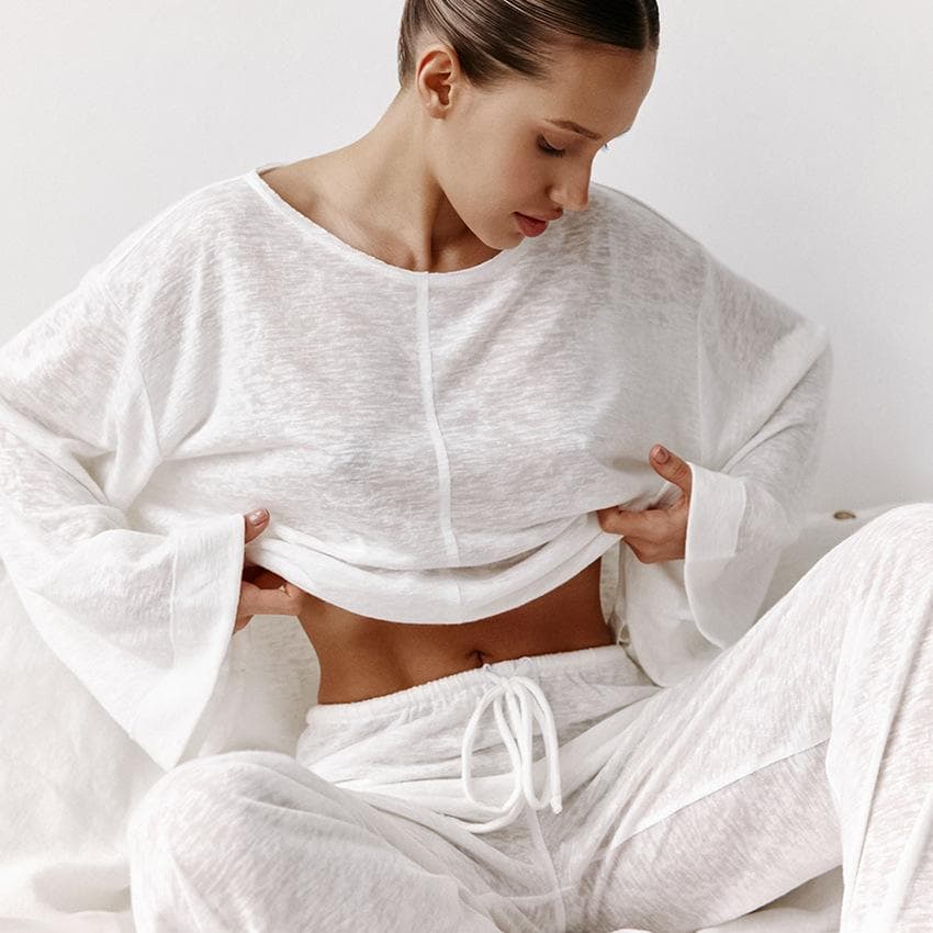 Transparent Loose Sleepwear Women's Home Clothes Round Neck Two-Piece Set Long Sleeve Drawstring Home Suit for Women Sets S white