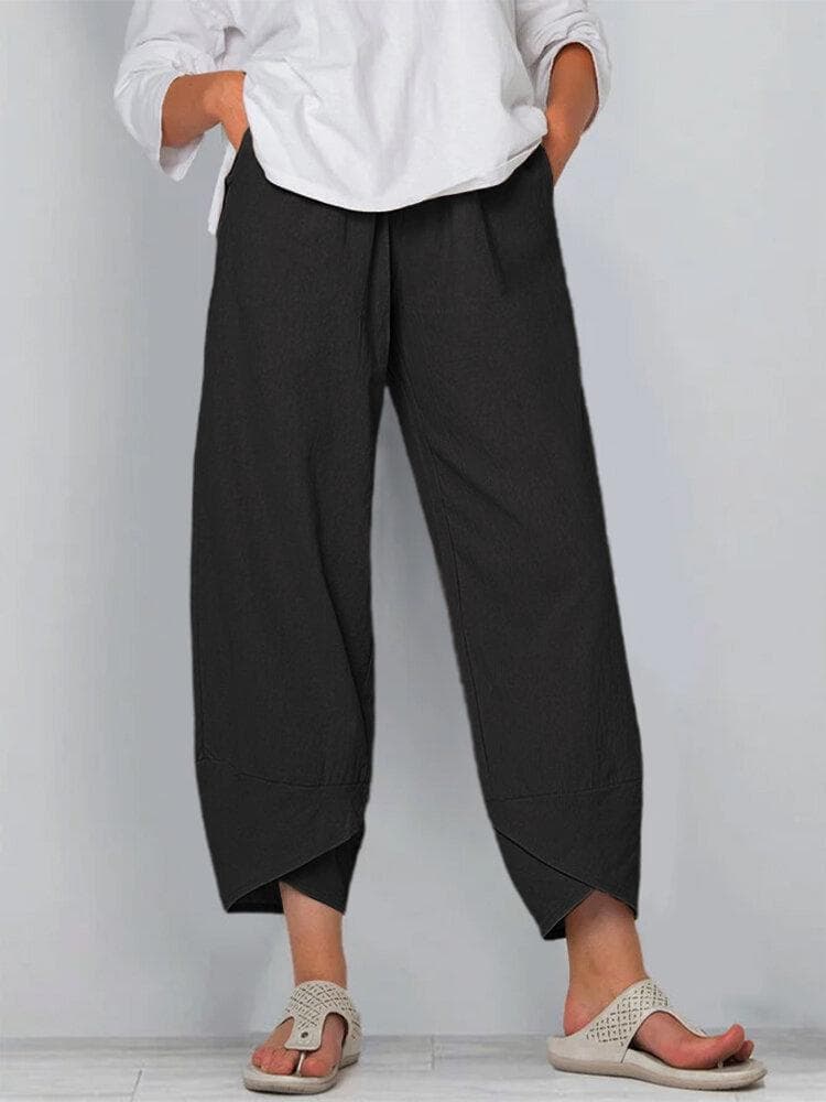 Women's Loose Waist Cotton and Linen Trousers, Loose Casual Pants L black