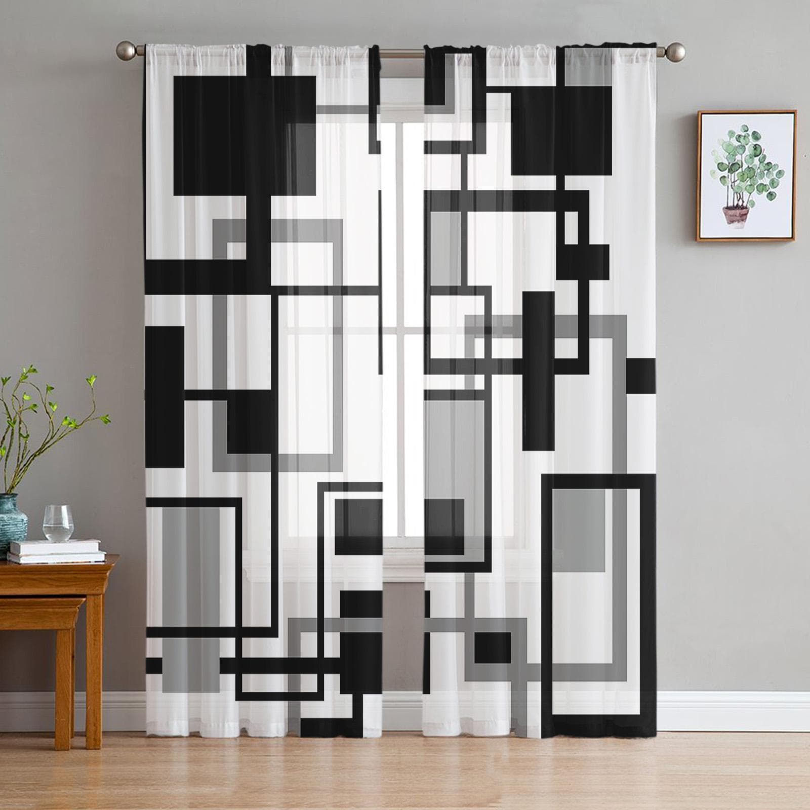Black And White Stripes Geometric Sheer Curtains for Living Room Voile Curtain Bedroom Bathroom Tulle Curtains Window Drapes 135W x 114H(cm)