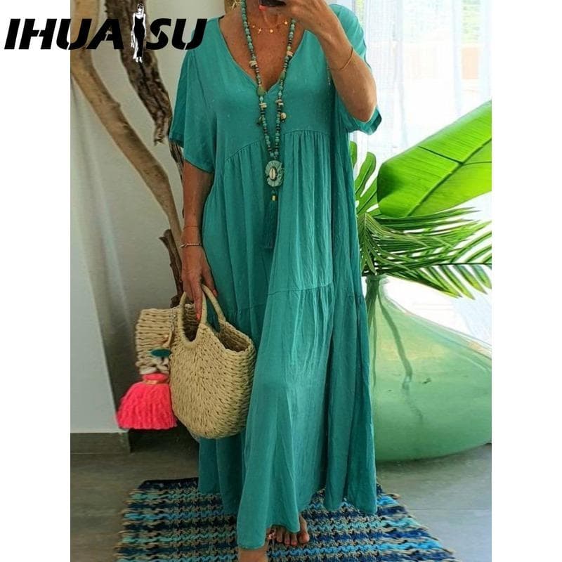 IHUASU Women Summer Fashion Solid V-Neck Plus Size Dress Loose Long Oversized Casual Short Sleeve Dress XXXXXL green