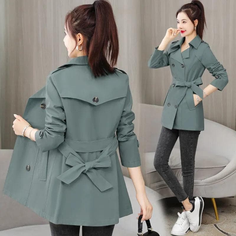 Spring Autumn Trench Coat Women Clothes Slim Long-Sleeved Short Windbreaker with Belt Casual Outwear Female Tops Lining XXL dark green