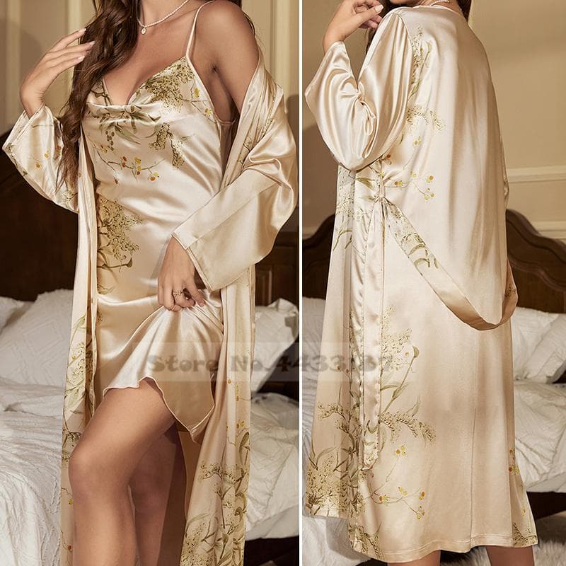 Print Flower Cherry Kimono Bath Robe Gown Female Sleep Set Nightdress Spring Summer Satin Nightwear Loose Home Dress Lounge Wear S