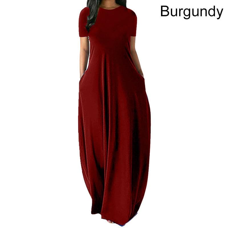 Women Casual Loose O-Neck Long Dresses Short Sleeve Summer Beach Dress Elegant Evening Party Dress XL burgundy