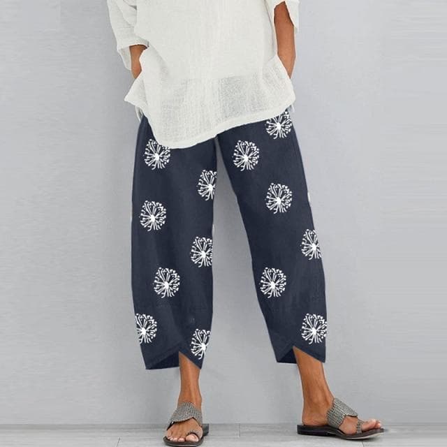 Women Vintage Harem Pants Floral Print Elastic Waist Plus Size Loose Trousers Cotton Linen Wide Leg Pant Loose Summer Pants XXXXXL Dark blue
