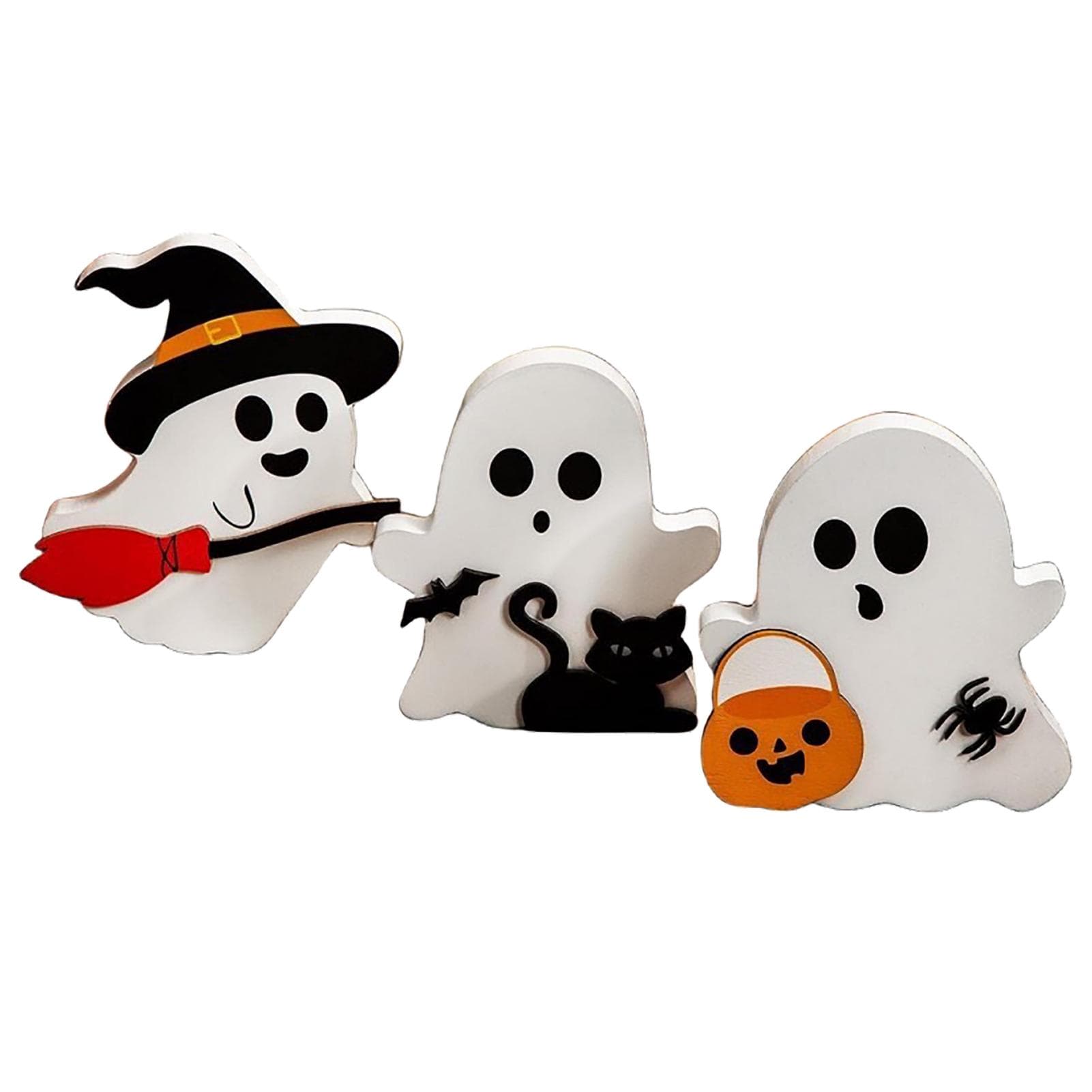 3pcs Cute Ghost Decorations Indoor Wooden Tiered Tray Decor Table Sign Black Cat Bat Witch Broom