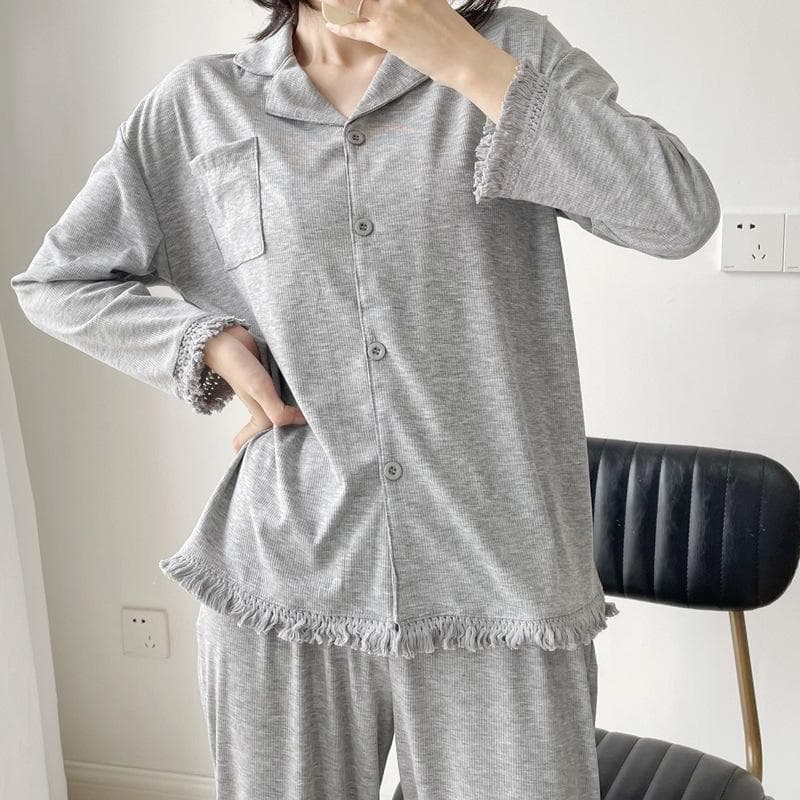 Minimalist Casual Pajama Set Long Sleeved Lapel Cardigan Home Clothes Sexy Tassel Sleepwear Casual Cotton Nightwear Loungewear L grey