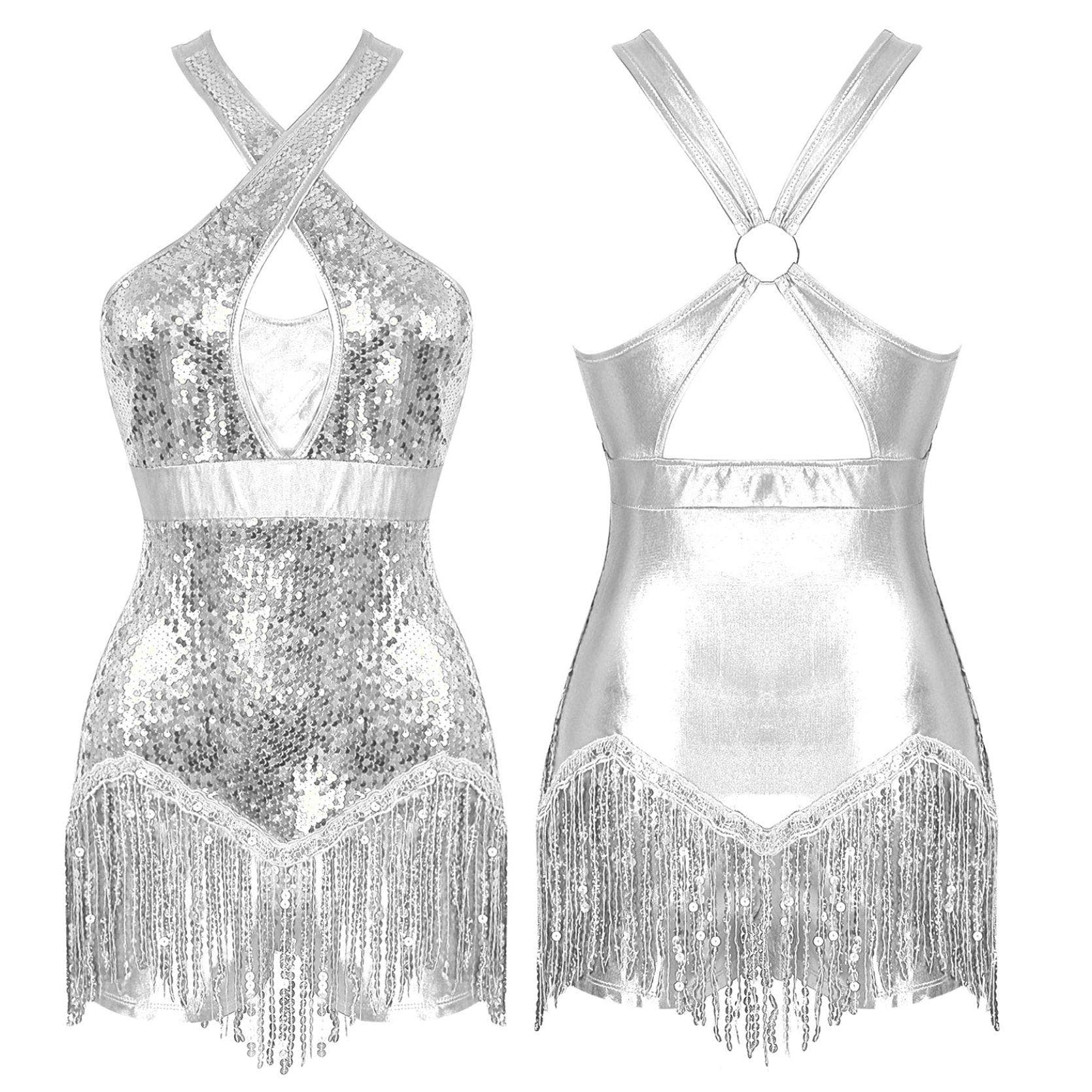 Women's One Piece Tassels Shiny Sequins Ballroom Latin Dance Leotard Flowy Fringe Bodysuit Dancewear XL silver