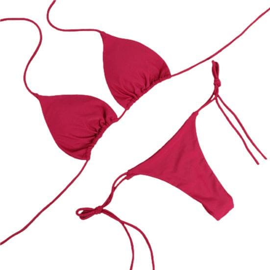 Solid Color 2 Pcs/Set Bikini Set Halter Neck Strap Thong Women Swimsuit Set L wine red