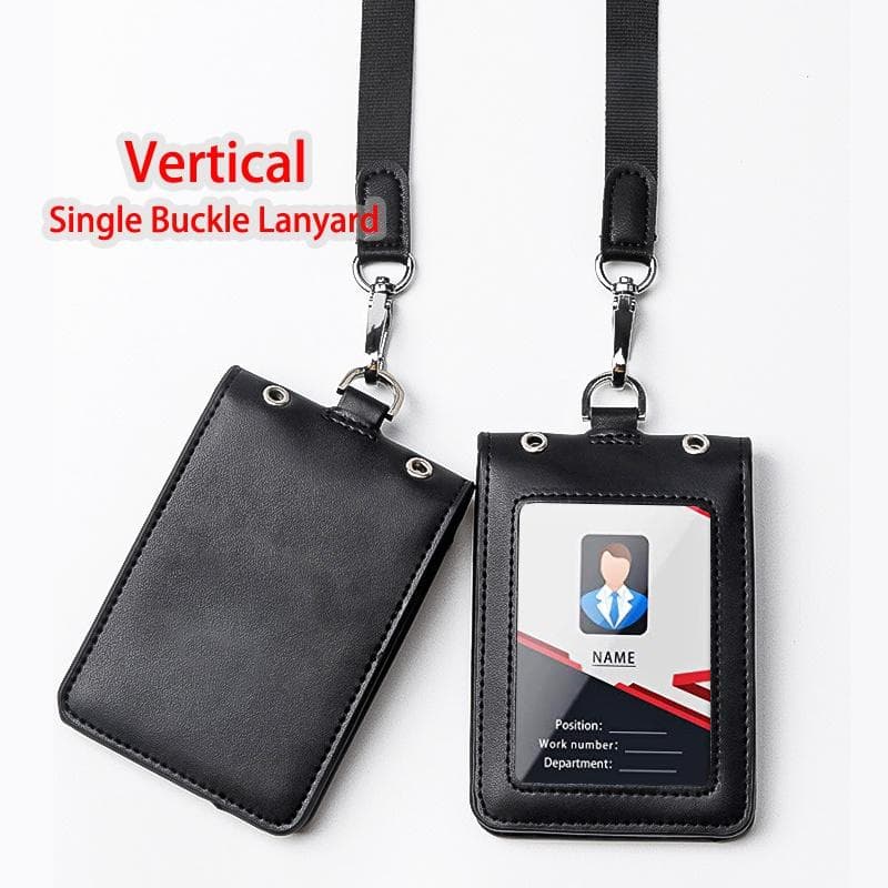 Genuine Leather ID Card Holder Reporter Police Office Worker Neck Lanyard Badge Name Tag Chest Cards Cases Business Work Card Credit Card Holder Vertical&One Buckle Lanyard