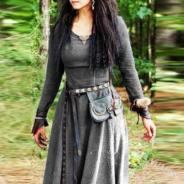 Medieval Dress Women Long Sleeve Maxi Robe Vintage Fairy Elven Dress Renaissance Celtic Viking Gothic Cosplay Costumes XS dark grey