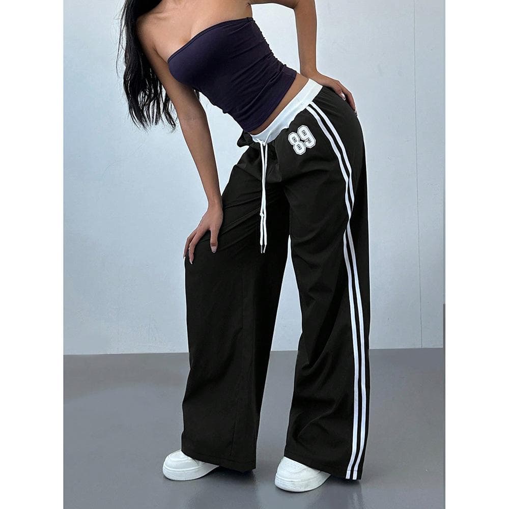 New Printed Striped Casual Pants Women's Contrasting Colors Loose Lace-up Versatile Long Pants XS