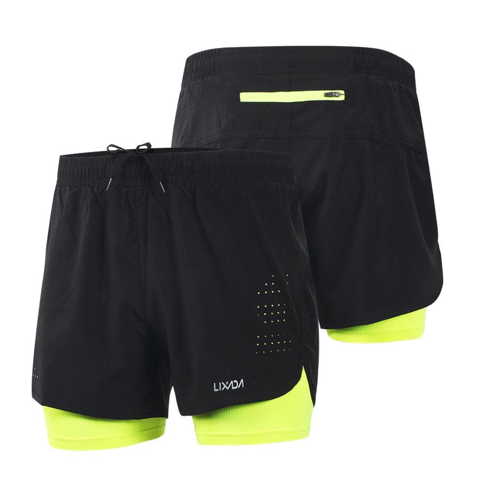 Lixada Men's 2-in-1 Running Shorts Quick Drying Breathable Active Training Exercise Jogging Cycling Shorts with Longer Liner XXL green