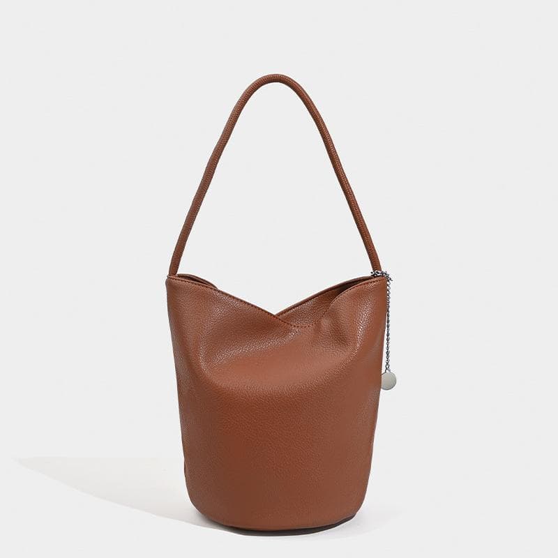 Niche Ins Lychee Grain Soft Leather Simple Bucket Bag Fashion Everything Shoulder Armpit Bag Female brown