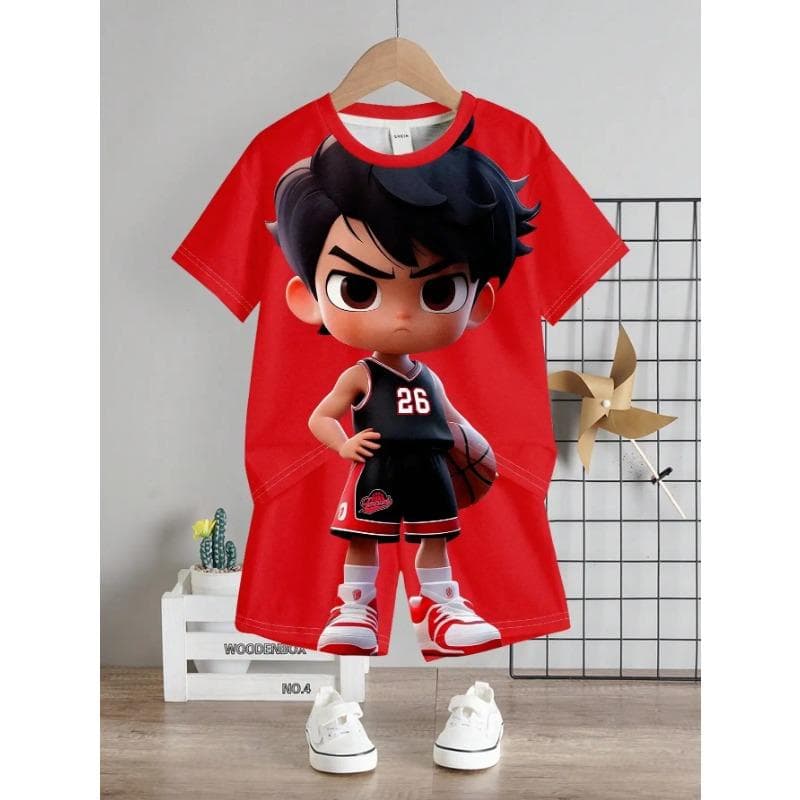 Superhero & Young Boy Casual Cartoon Patterned Short Sleeve Round Neck Top And Shorts Set, Suitable For Summer 100
