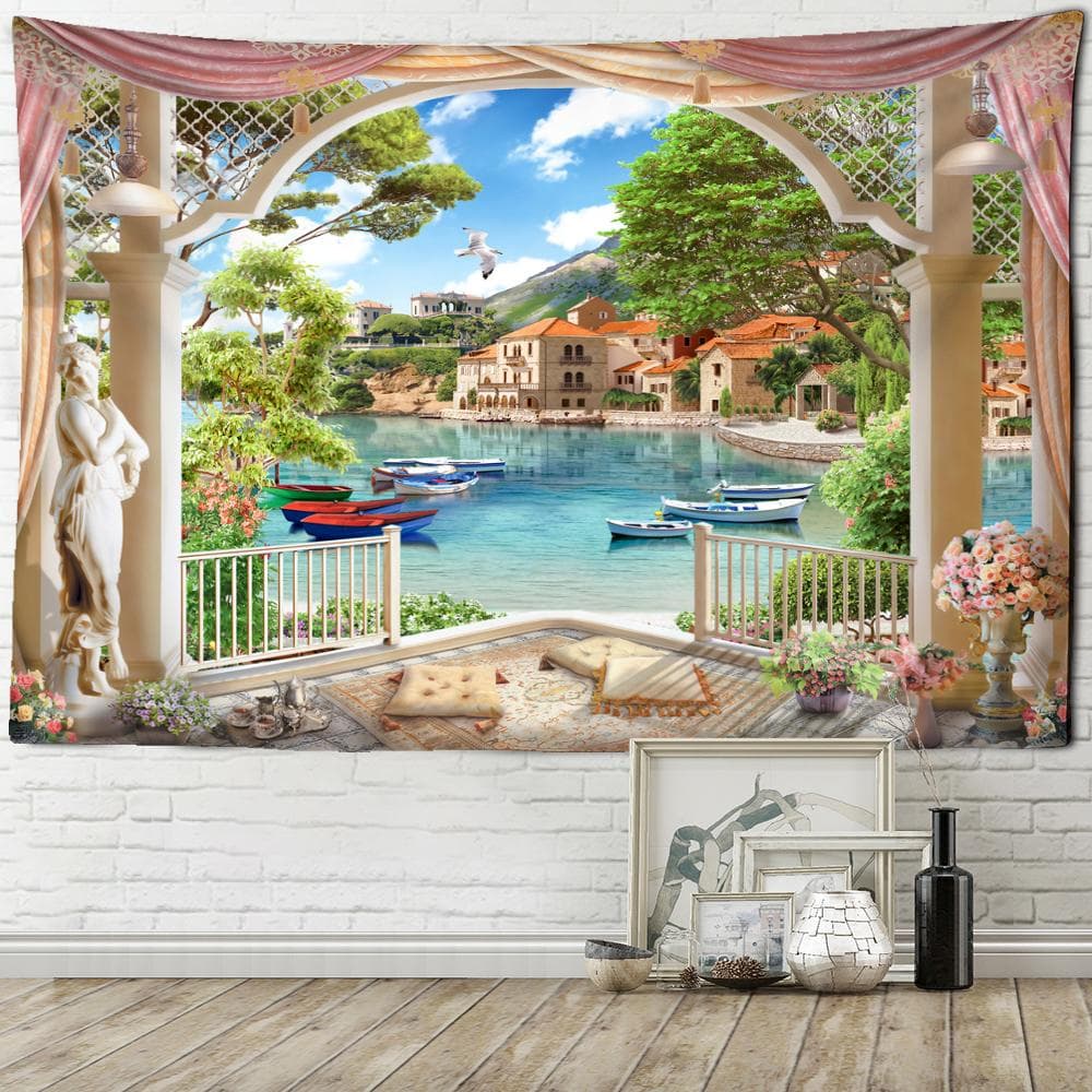 Seaside Scenery Tapestry Wall Hanging Bohemian Art Living Room Window Painting Simple Nordic Home Decor 150x150cm