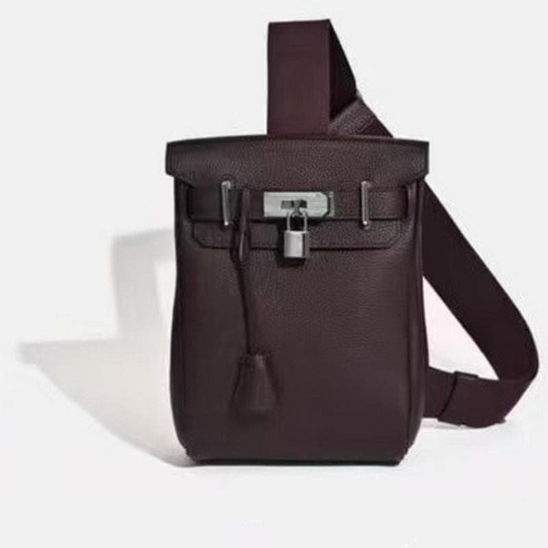 2025 New Unisex Top Layer Cowhide Chest Bag Shoulder Bag Genuine Leather Backpack With Lock Hanging Decoration 17 x 8 x 27CM+silver buckle