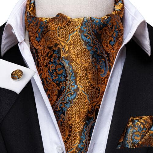 Gold Paisley Mens Silk Ascot Cravat Tie Formal Scarf Handkerchief Cufflinks Set AS-1033
