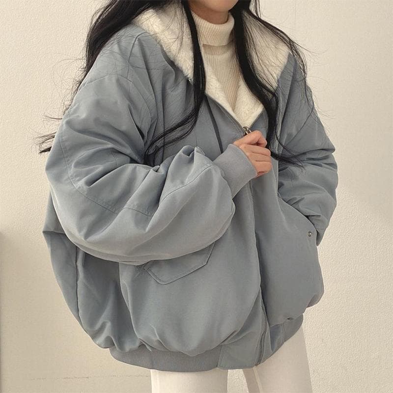 Thickened Two-sided Wear Lamb Wool Cotton Jacket Women's Coat Loose Hooded Tops L blue