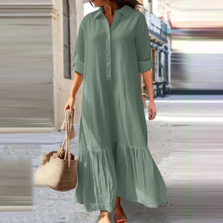 Summer Cotton Linen Women Dress Black Loose Long Sleeve Shirt Dresses Female Summer Casual Oversize Elegant Clothes Ladies L green