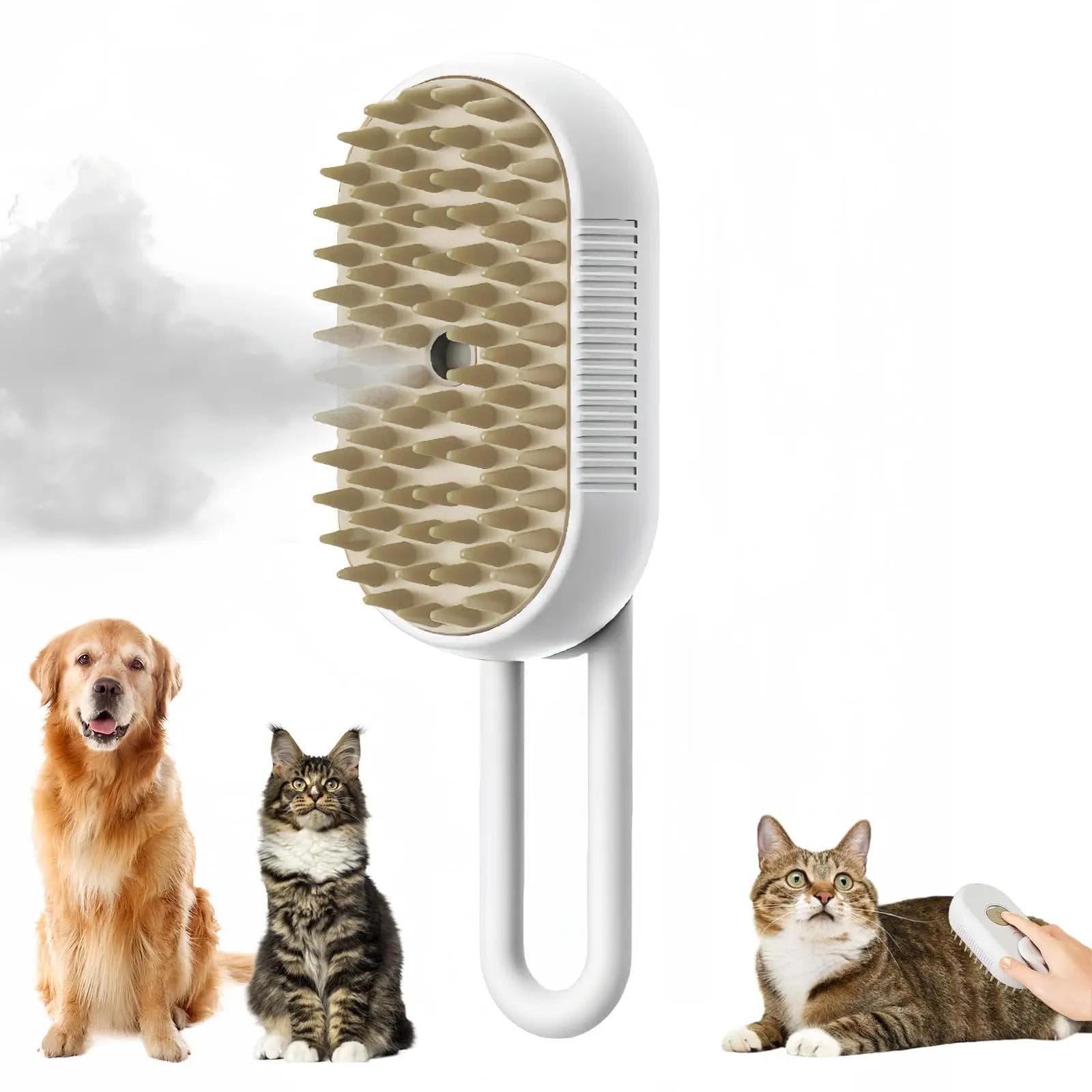 Cat Dog Pet Spray Massage Brush 3 in 1 One Button Steam Spray Folding Rotatable Floating Hair Bath Hair Removal Brush Comb white