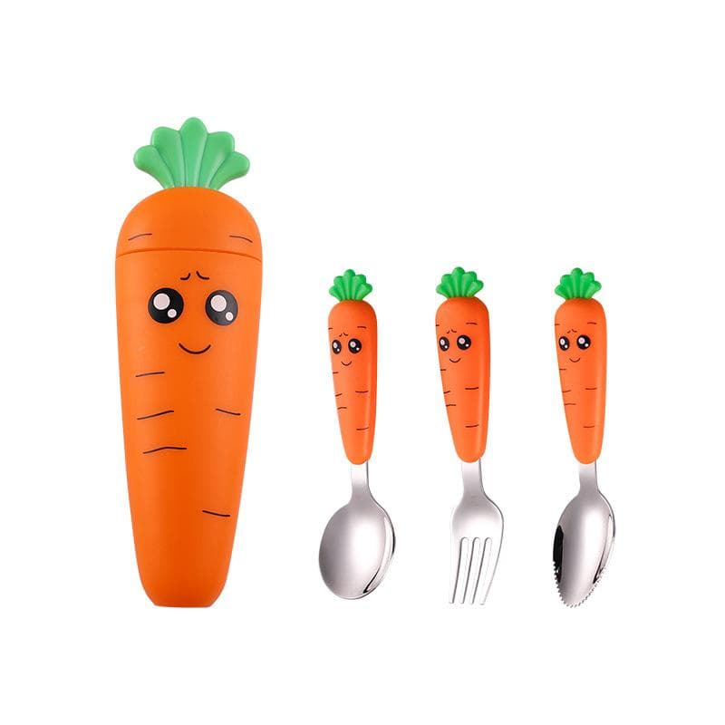 Cute Cartoon Carrot Baby Fork Spoon Gadgets Stainless Steel Toddler Feeding Dinnerware Cutlery Children Utensil Tableware Carrot 4Pcs/Set
