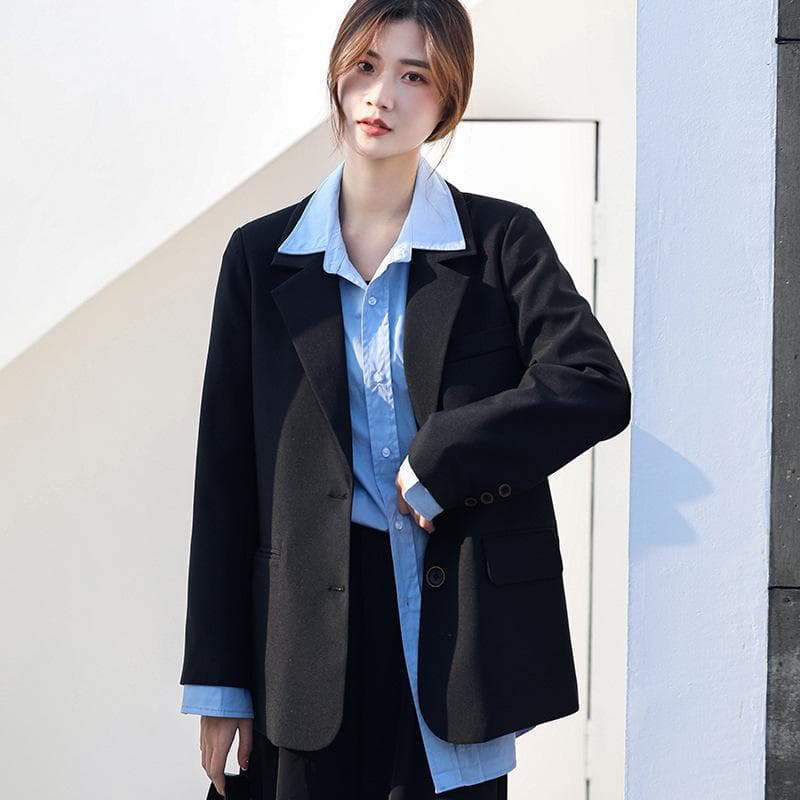 Jacket Autumn Korean Style Bf Style Women's Double-breasted Red Button Casual Small Suit for Women Black Loose Small Suit for Women Autumn 2XL black