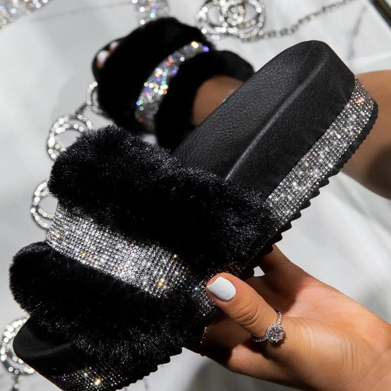 Luxury Designer Women Fur Rhinestone Slippers Platform Wedges Heel Solid Fluffy Furry Slides Outside Sexy Shoes Ladies Whosale 38 black