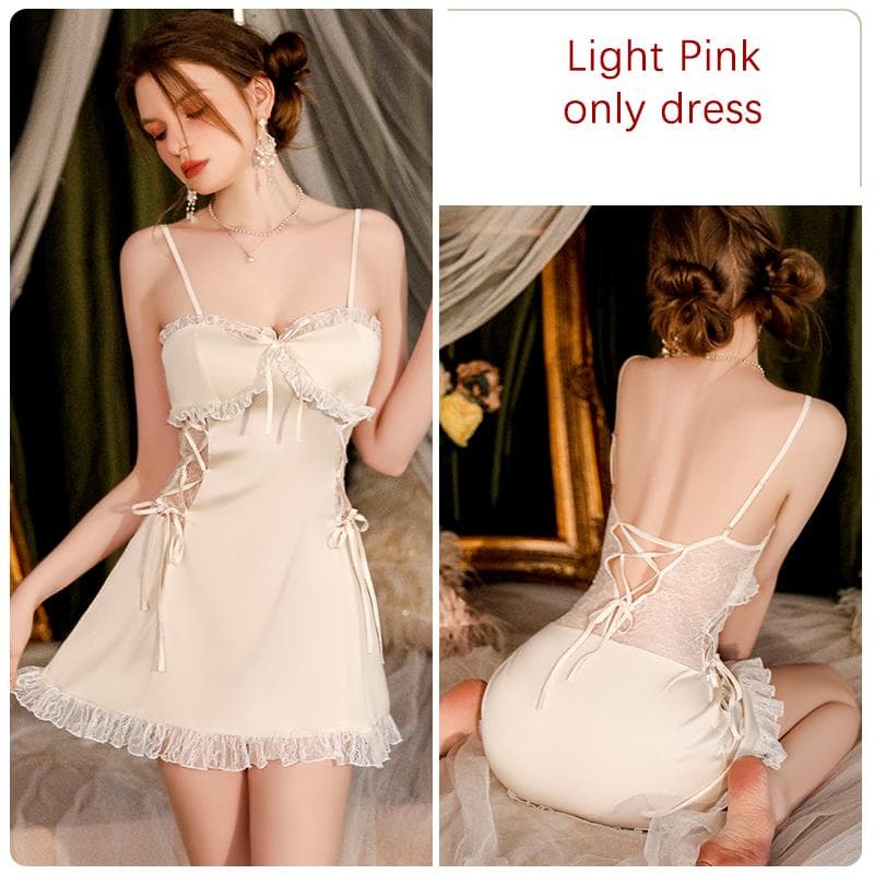 Silk Sexy Pajamas for Women V Tie Breast Pad Lace See-through Nightgown with Robe Pajamas Set for Women XL