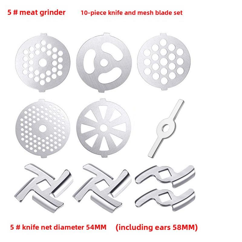 Stainless Steel Meat Grinder Accessories: Knife, Blade, Hole Plate, Sausage Stuffer, and Grinder Rod. Stainless Steel 420
