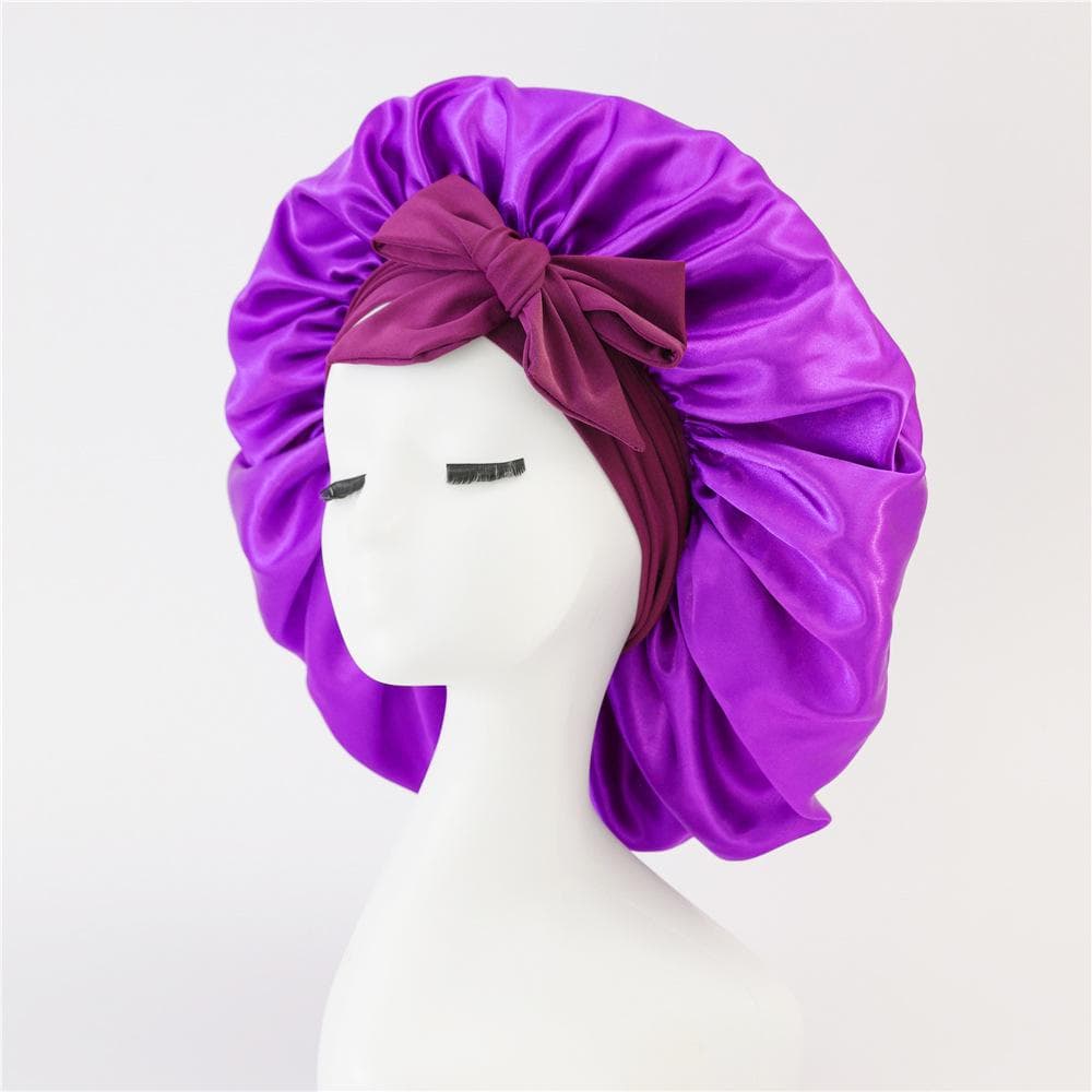 Satin Bonnet Silk Satin Night Sleep Cap Polyester Elastic Night Sleeping Shower Cap Hair Bonnet Hat Head Cover light purple