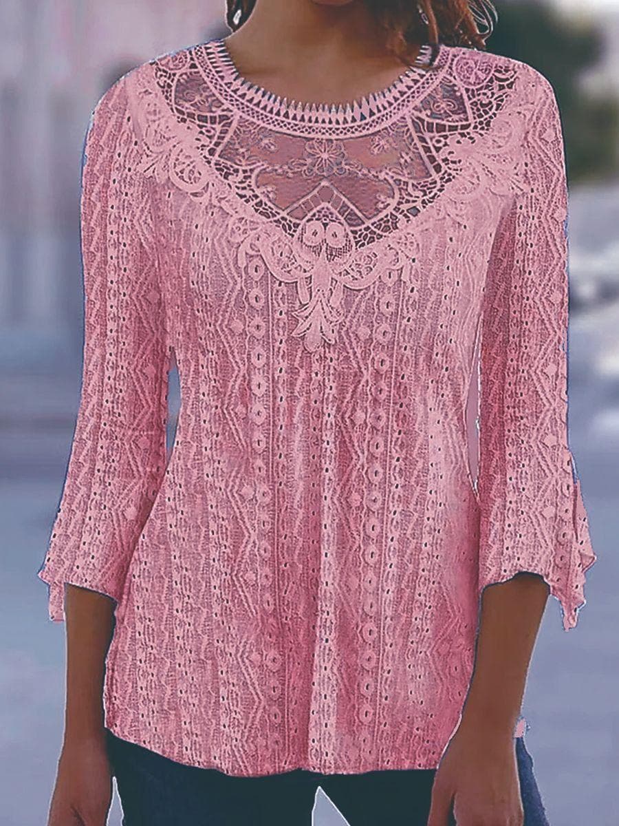 Women’s Casual Lace Deep V-Neck T-Shirts Comfortable Hollow Out 3/4 Sleeve Irregular Blouses Ladies Elegant Patchwork Pullover Tops 3XL pink