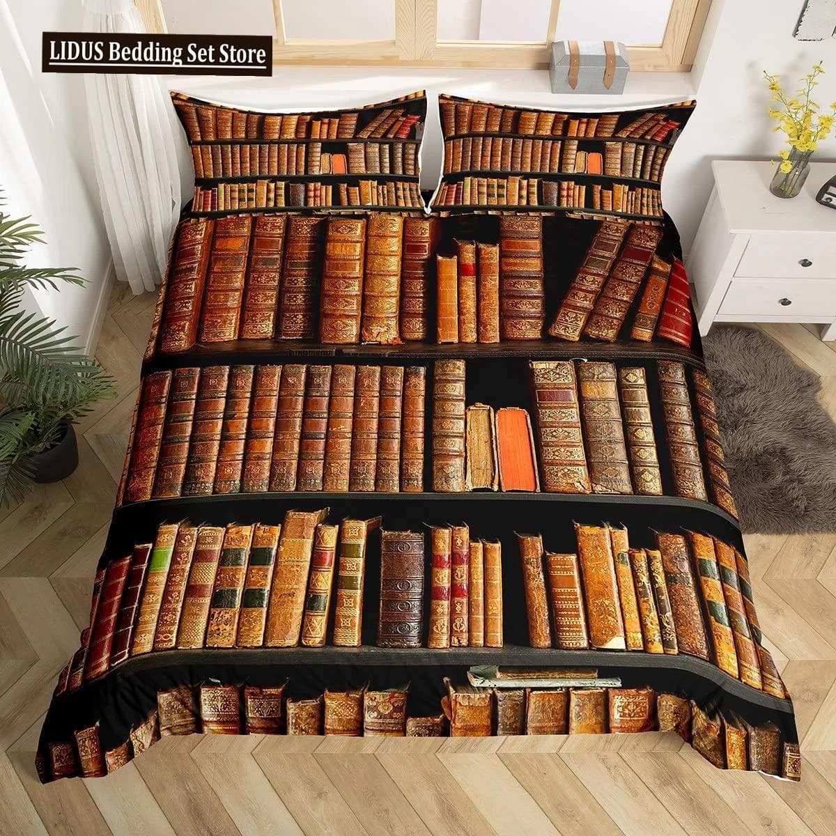 Books Lovers Gift Duvet Cover Set Full Size,Readers And Literary Lover Bedding Sets,Vintage Librarians Bookshelf Comforter Cover US Queen 228x228cm