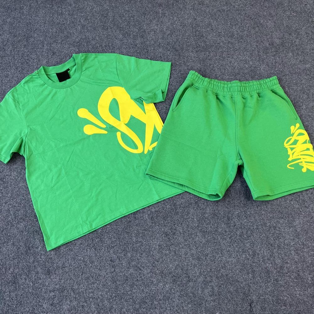 Synaword Men's Trendy American Foam Letter Print T-Shirt & Shorts Set S green