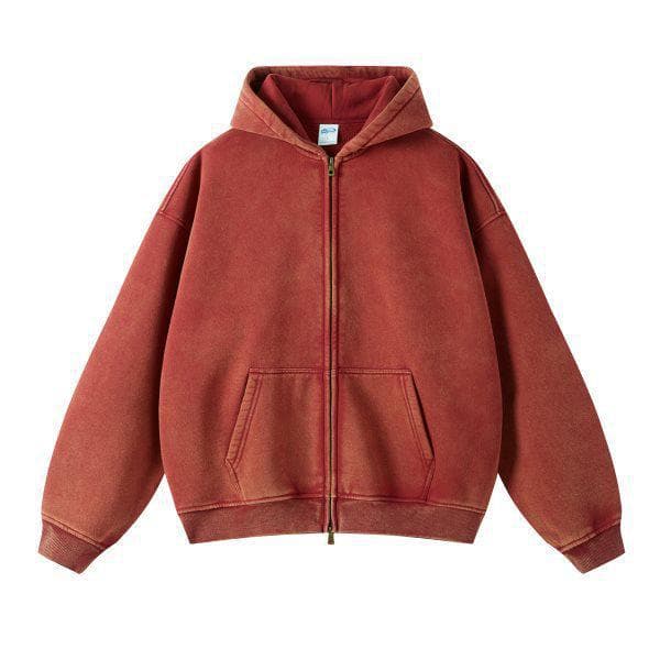 Retro Batik Washed Oversized Hoodie with Zipper M red