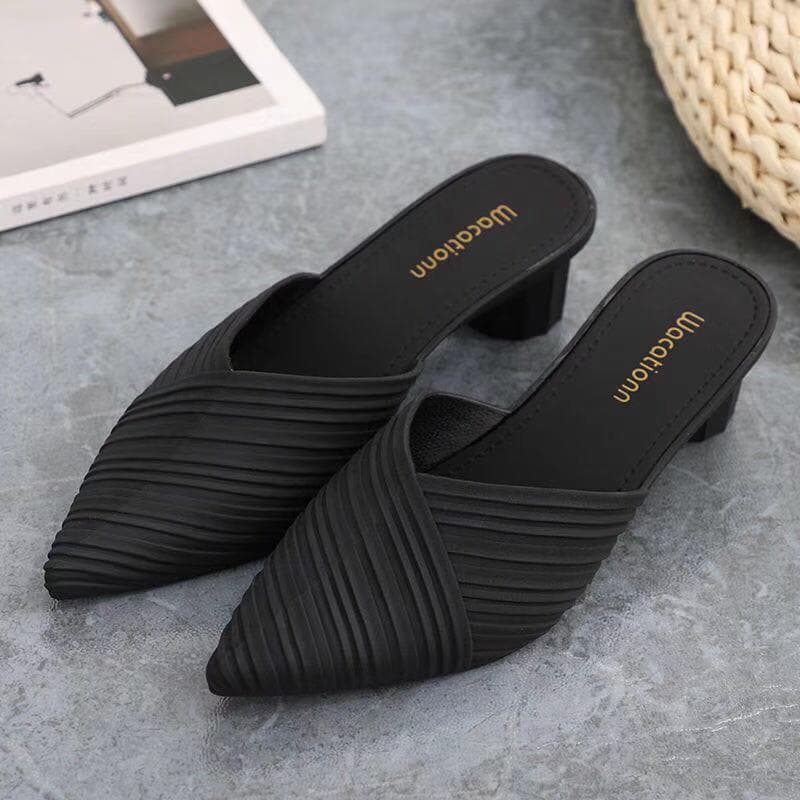 Women's Black Pointed Toe Half-Slippers - Korean Style Outdoor Fashion Thick Heeled Sandals for Summer Size 40