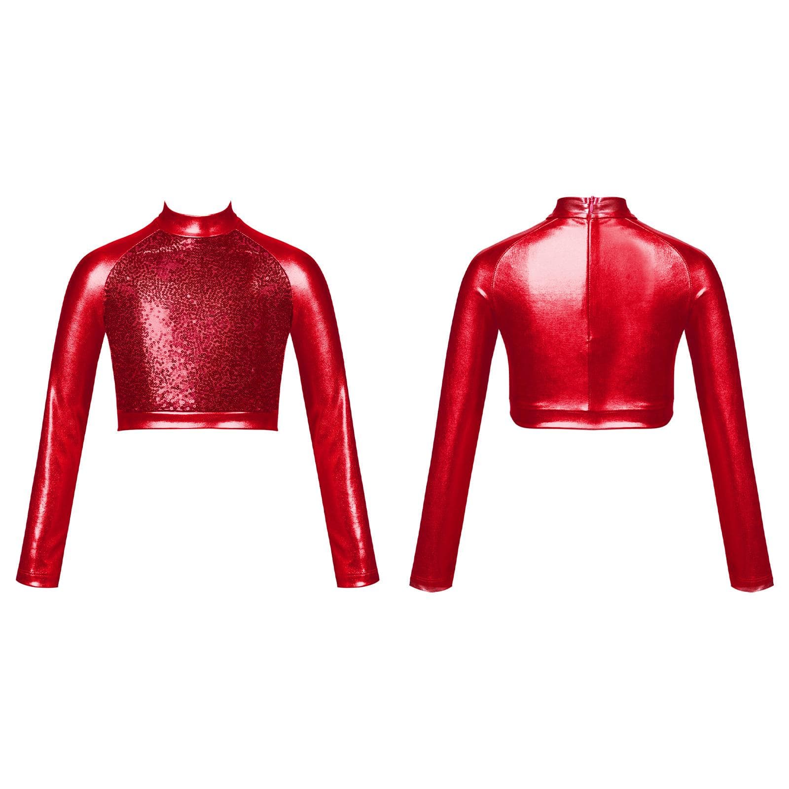 Kids Girls Shiny Metallic Long Sleeve Mock Neck Crop Tops for Dancing Stage Performance 7-8 Years red