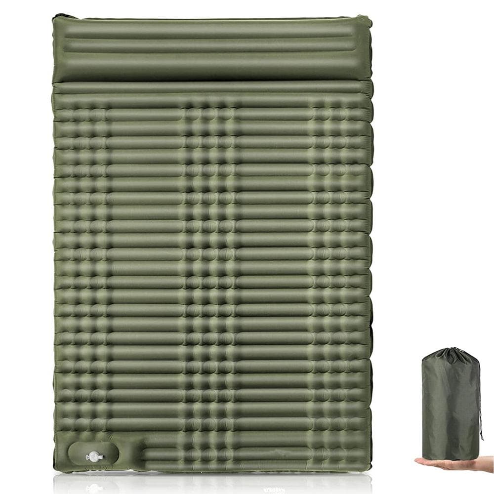 Double Self Inflating Sleeping Pad Camping Bed for Adults with Built-in Foot Pump and Pillows Army Green