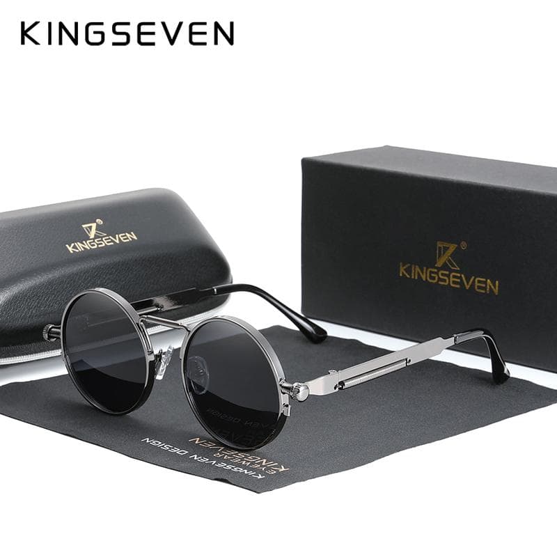 KINGSEVEN High Quality Gothic Steampunk Sunglasses Polarized Men Women Brand Designer Vintage Round Metal Frame Sun Glasses M gray