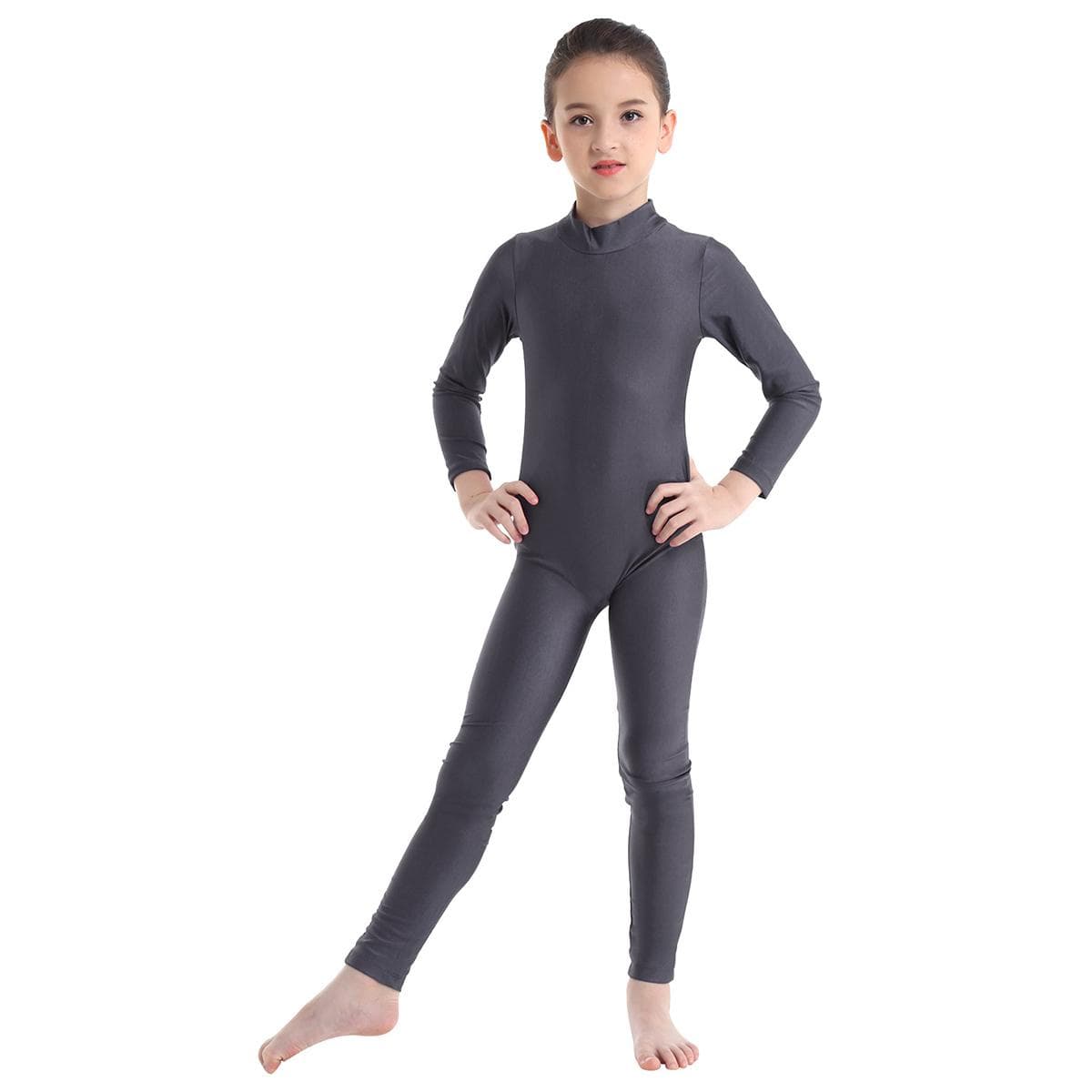 Kids Girls Ballet Dance Gymnastic Unitard Jumpsuit Long Sleeves Mock Neck Zippered Back Bodysuit Activewear 11-12 Years dark gray