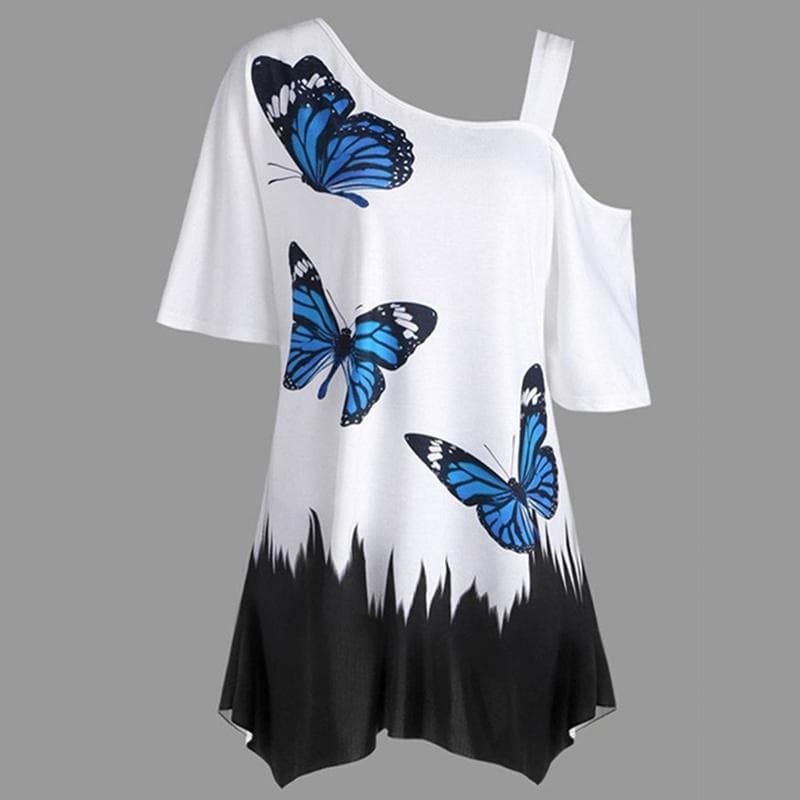 Women Fashion Butterfly Print One Shoulder Short Sleeve Tunic T-shirt Loose Blouse Tops Plus Size Fashion T-shirt XL black
