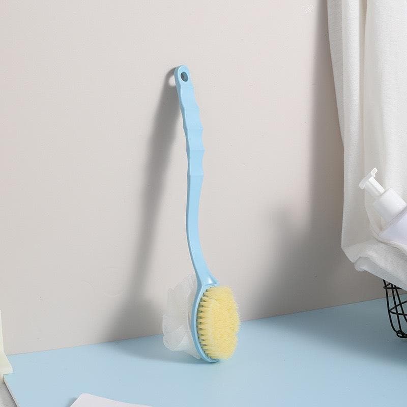 Double-Sided Bath Scrub Brush with Soft Hair and Long Ergonomic Handle for Exfoliating and Back Scrubbing blue