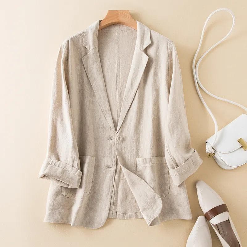 Women's Cotton and Linen Suit Jacket Loose Casual Long Sleeved Suit Top M apricot