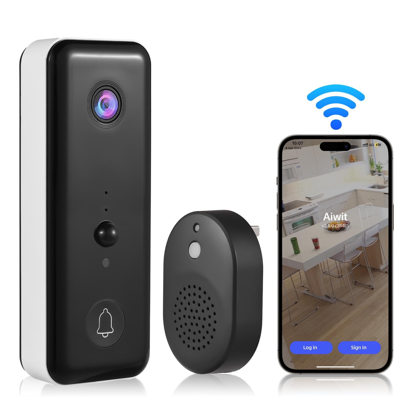 Video Doorbell Camera Wireless with Chime Ringer Battery Powered Smart AI PIR Human Detection IP65 white