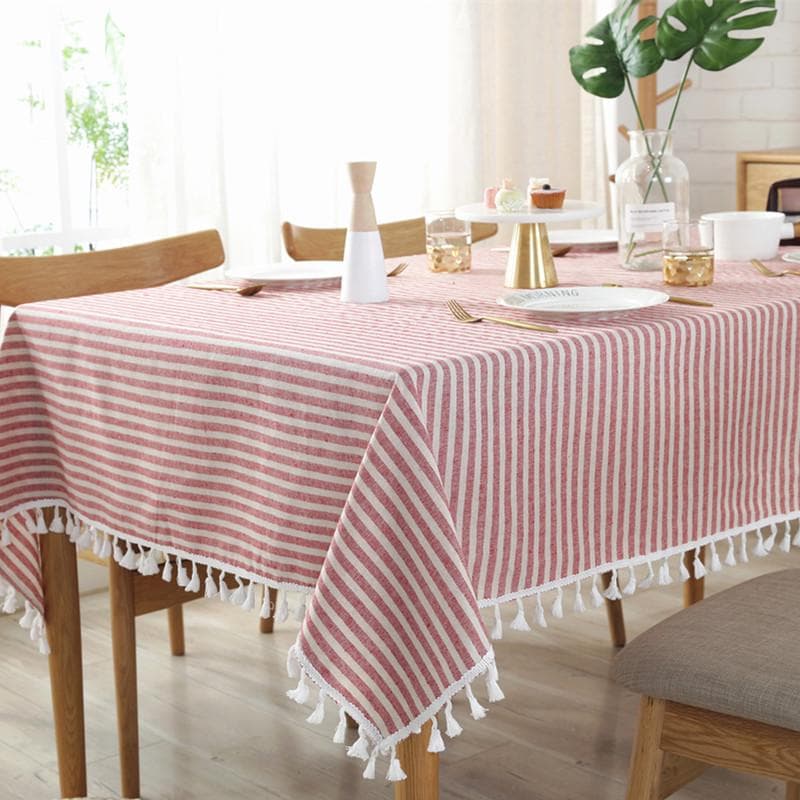 Minimalist Striped Tablecloth Cotton Linen Tassel Anti Scalding Table Mat Rectangular Universal Dustproof Decorative Desk Cover 120x160cm
