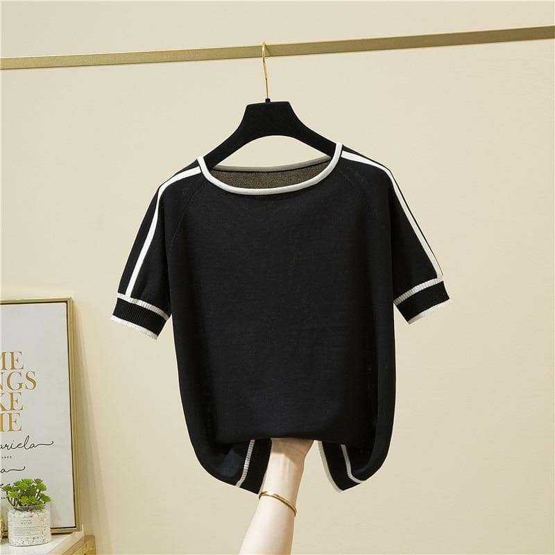 2023 Short Sleeve Thin Knitted T Shirt Women Summer Tops Woman Clothes Striped Fashion T-Shirt Tee Shirt Femme 18841 L black