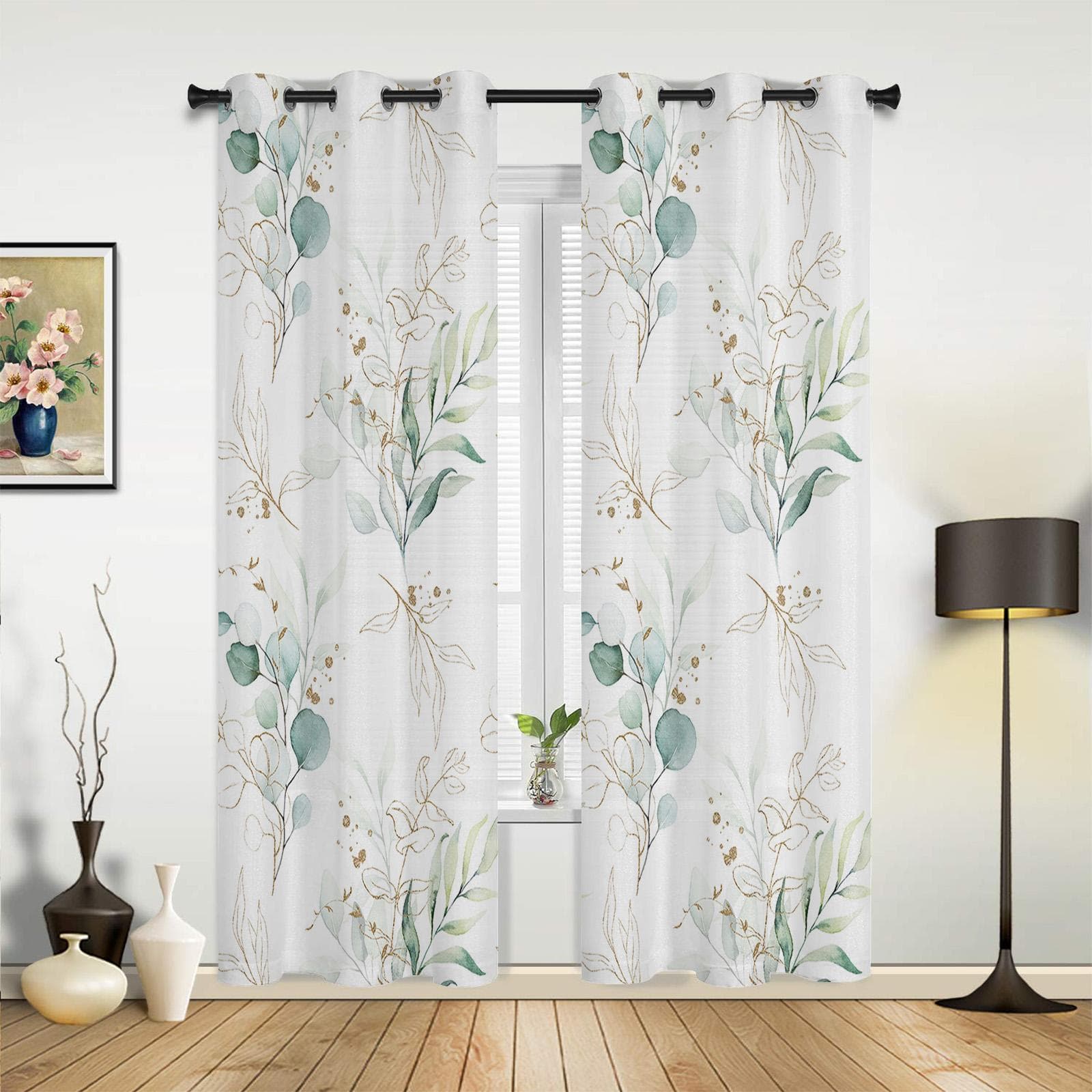Watercolor Eucalyptus Leaves Abstract Windows Curtains Living Room Bedroom Window Treatments Household Kitchen Curtains 135W x 60H(cm) x1